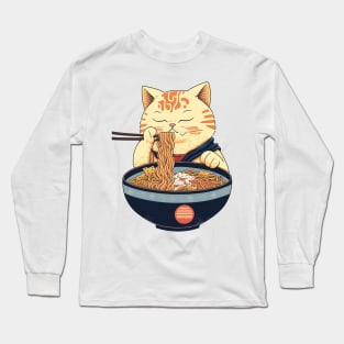 Japanese cat with ramen noodles Long Sleeve T-Shirt